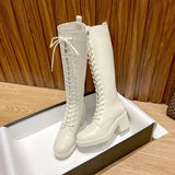 New Thicken Winter Knight Boots Women Knee High Long Square Heel Boots Retro Thick Motorcycle Boots Black White