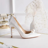 Spring and Autumn New Fashion Pointed Leather Face Pearl Solid Fine Heel Outwear High Heel Single Shoes Shallow Toe