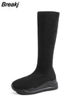 Thick High Heeled Women Stretch Boots 2023 Hot Fashion Knit Stretch Mid Calf Boots Slip On Simply Stylish High