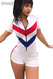 Sport Women Rompers Zipper Bodycon Jumpsuit Striped Patchwork Casual Slim Overalls Short Sleeve Streetwear