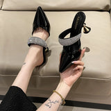Women Slippers Pointed Toe High Heels Mules Pu Leather Slip on Summer Shoes Female Sandals 2023