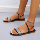Summer New Women's Fashion Gold Silver Patent Leather Flat Heel Sandals Bling Rhinestone Narrow Band Beach Casual