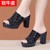 Thick-Heeled Fishmouth Fashionable Women Wearing Sandals And Slippers 2023 Summer Thick-Soled Waterproof Gauze Soft Leather