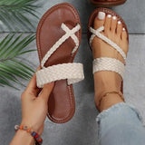 Women's braided detail slipper sandals for beach casual faux leather lace-up back flats - available in coffee, black,