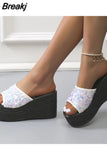 Wedge High Heeled Women Sandals New Arrived 2023 Bling Sequin Lady Slipper Peep Toe Comfort Walk Causal Sandals Plus
