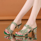 New 2023 Rhinestone Slippers Ladies Chunky Heels Hollow Casual Slippers Fashion Beach Shoes Woman Sandalias De