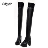 Sexy Lace Thigh High Boots For Plus Size Women Platform Shoes Over The Knee Boots Stretch Fabric Black Leather Winter