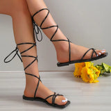 Rome Cross Strap Flat Sandals Women Summer 2023 Square Toe Gladiator Sandals Woman Non Slip Beach Shoes Plus Size