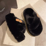 Winter Women Platform High Heel Fluffy Slipper Casual Fashion Metal Buckle Wedge Artificial Plush Inside Soft Slides