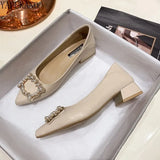 Fashion Pointed Toe Square Low Heel High Heels Elegant Pearl Rhinestone Buckle Soft Leather Party Dress Shoes Female