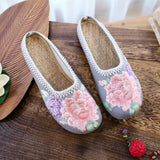 Breakj Single Slippers / Cotton Slippers Linen Peony Embroidered Round Head Flat Cloth Shoes Sandals Embroidered Women's
