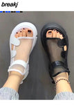Women Summer New Fashion Thick-bottomed Breathable Eugene Yarn Mesh Magic Paste Roman Sandals Hook &amp; Loop