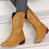 Cowboy ethnic Women Boots Coarse High Heel Embroidered Sunflower Boot Ladies Toe Knee Shoes