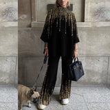 New Popular Turtleneck 2pc Sets Women Fashion Leopard Print Splicing Pullover Top + Wide Leg Pant Suit Lady Casual Home