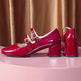 Spring Autumn Women Double Buckle Mary Janes Shoes Patent Leather Dress Shoes High Heels Pumps Retro Ladies Shoe Black