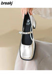 5CM Silver Thick Heels Mary Jane Shoes Women Buckle Strap Square Toe Pumps Woman Med Heele Patent Leather Shoes