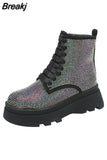 Boots Women Patchwork Stretch Cloth Botas Winter Platform Thick Boots 2023 New Snow Slip-on Chelsea Boots Botas