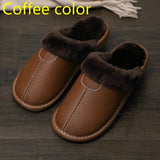 Men Slippers Black New Autumn PU Leather Slippers Warm Indoor Slipper Waterproof Home Shoes Men Warm Leather