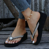 Thick Sole Sandals Summer Rhinestone Wedge Women Flip Flops Pearl Flower Platform Light Sildes Fashion Outdoor Shoes