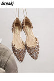 Women Luxury Rhinestone Ballet Flats Cross-Tied Lace Up Flat Shoes Woman Crystal D'orsay Wedding Shoes Glitter