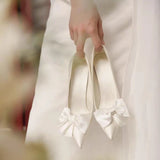 Wedding Bridal Shoes White Satin Bow Stiletto High Heels Wedding Shoes Pumps Single Shoes Wedding