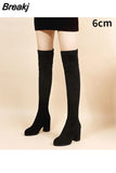 Suede Female Heels Autumn Zipper Elastic Knee-high Boots for Women Tube Lace-up Thigh Gigh Boots Black Botas Mujer