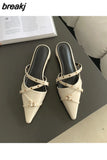 Pointed Toe Flat Heel Mules Shoes Women Closed Toe Outdoor Slippers Elegant Slide Narrow Band Sandal Brand Rivet