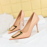 Breakj Korean Version Of Fashion And Slender Thin Heel Shallow Pointed Metal Buckle Single Shoes Women's High