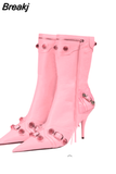 Women Pointed Toe Short Boots Metal Decoration Punk Motorcycle Botines Mujer Women's Ankle Boots Rivet Tassel High Heels