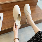 Women Mules 2023 Summer Elegant Square Closed Toe Flat Slippers Female Shoes Casual Leather Black White Slides Plus Size