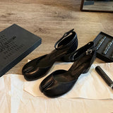 Designer Tabi ninja high heels shoes woman ankle strap silver crack leather pumps split toe D'orsay mary janes shoes