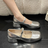 5CM Silver Thick Heels Mary Jane Shoes Women Buckle Strap Square Toe Pumps Woman Med Heele Patent Leather Shoes