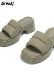 Dropship 2023 Summer Brand New Women Single Band Platform Sandals Black Nylon Chunky Platform Wedges Slipper