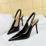 Breakj Rear Empty Shoes Banquet High Heels Pointed Hollow Out Metal Chain Back Trip Belt High Heel Single Shoes