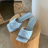 Square Toe Slippers Women Peep Toe Med Heel 4cm Slides Summer Shoe Women Embroidery Mule Massage Outsole Slipper Size