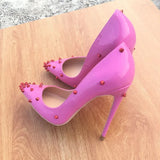 Women Patent Pink Pointy Toe High Heel Shoes with Spikes Sexy Ladies Rivets Party Stiletto Pumps Big Size 43 44