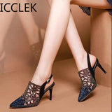 High Heels Sandals Woman Mesh Summer Shoes Women Pumps Pointed Toe Ankle Buckle Strap Ethnic Embroidery Flower