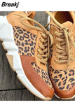 Women Autumn Leopard Thick-Soled Sneakers Stitching Lace-Up Sport Shoes Casual Ladies Vulcanized Wedges Tennis