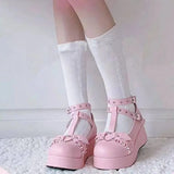 Design Dropship Sweet Lolita Style Gothic Cosplay Black Pink Cozy Wedges Mary Jane High Heels Pumps Platform Shoes