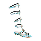 Sandals Women 2023 Summer Leather Flats Crystal Beach Dress Shoes Rhinestone Knee High Buckle Strap Boots Plus Size