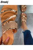 Summer Women's Shoes Plus Size 43 Fashion Glossy Rhinestone Sandals Slippers Female Summer Outdoor Casual Flat