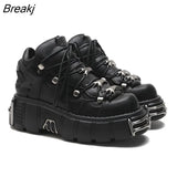 for Women's New Rock Shoes Gothic Chunky Platform Ankle Boots Punk Style Heels Height 6CM Sneakers Lace-up PU Metal