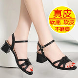 Women Sandals Genuine Leather New Large Size Comfort Square Heel Sandals Open Toe Shoes Woman Fashion Sandals