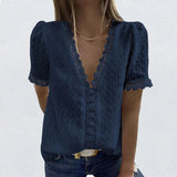 V-Neck Lace Shirt Blouse Spring Summer Short Sleeve Ladies Shirt Casual Women Solid Pullover Tops Blusa Streetwear