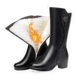 Women Fur Boots Winter Shoes High Heels Velvet Black Leather Booties Woman Snow Botas Fashion Designer Size 41