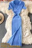 Sexy V-neck Short-sleeved Knit Bodycon Dress Women Casual Summer Slim Elastic High Split Mid-calf Ribbed Long Dress