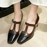 Mary Janes Shoes Women 2024 Spring Pumps Square Toe Chunky Heel Leather Shoes Women Classics Elegant Mid-heel High
