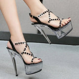 PVC Transparent Diamond Women Shoes Entire Hyaline Summer Crystal High-Heels Model Show 14.5CM Super High Heel