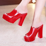 Toe Plus Size 32-43 Block Heels Platform Shoes Woman Summer Slippers 2021 Super High Heels Leather Slides Women