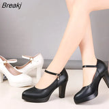 heels platform pumps mujer 2023 spring new fashion buckle solid black shoes woman PU leather waterproof shoes